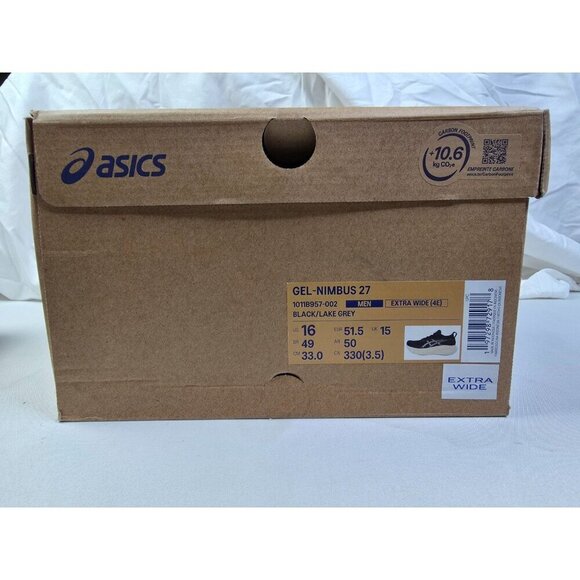 Asics Size 16 Extra Wide 4E Mens Gel Nimbus 27 Black Lake Gray Lace Sneakers NEW main image 7
